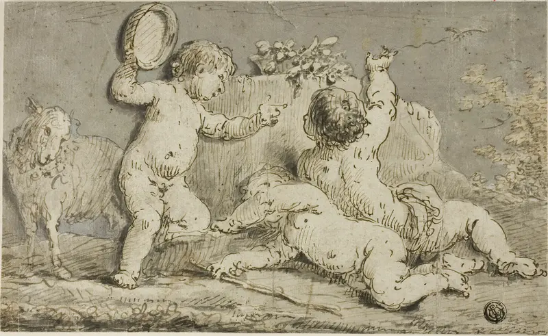 Three Cherubs Playing around a Rock Wall Art by Follower of Jacob de Wit - High-Resolution Digital Print