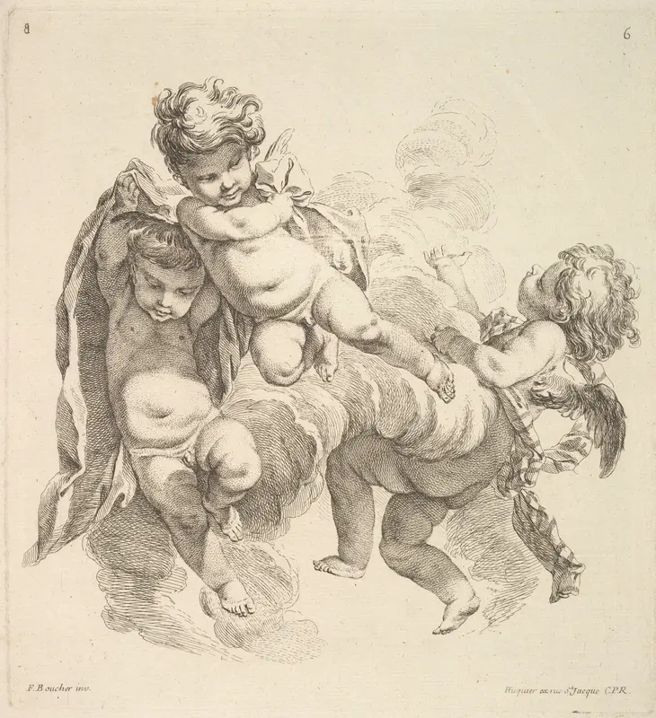 Three Children Among Clouds Carrying a Drapery Wall Art by Gabriel Huquier - High-Resolution Digital Print