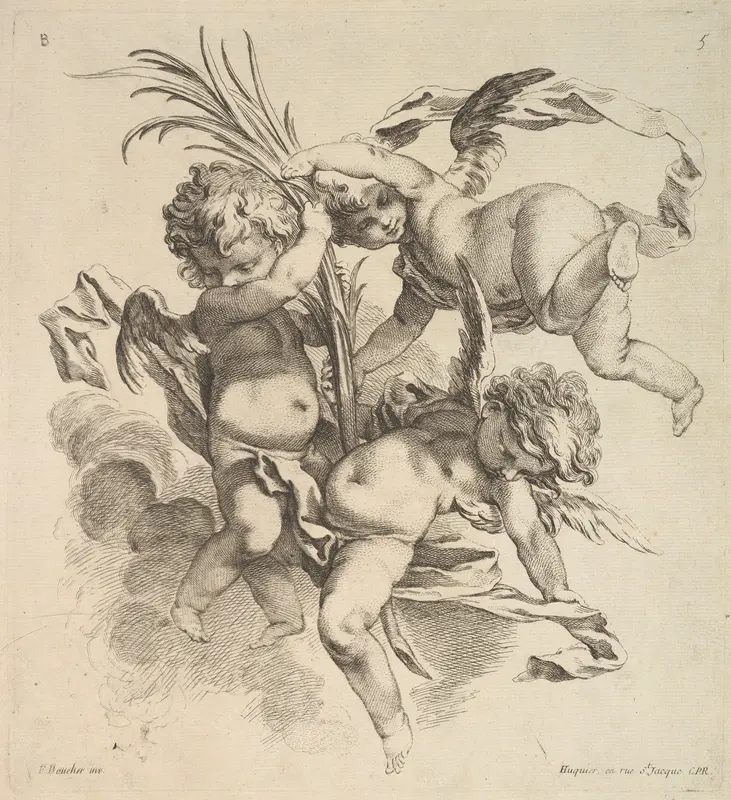 Three Children Among Clouds Near a Palm Leaf Wall Art by Gabriel Huquier - High-Resolution Digital Print