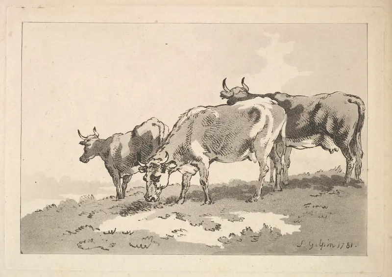 Three Cows Standing on the Ridge of a Field Wall Art by Thomas Rowlandson - High-Resolution Digital Print