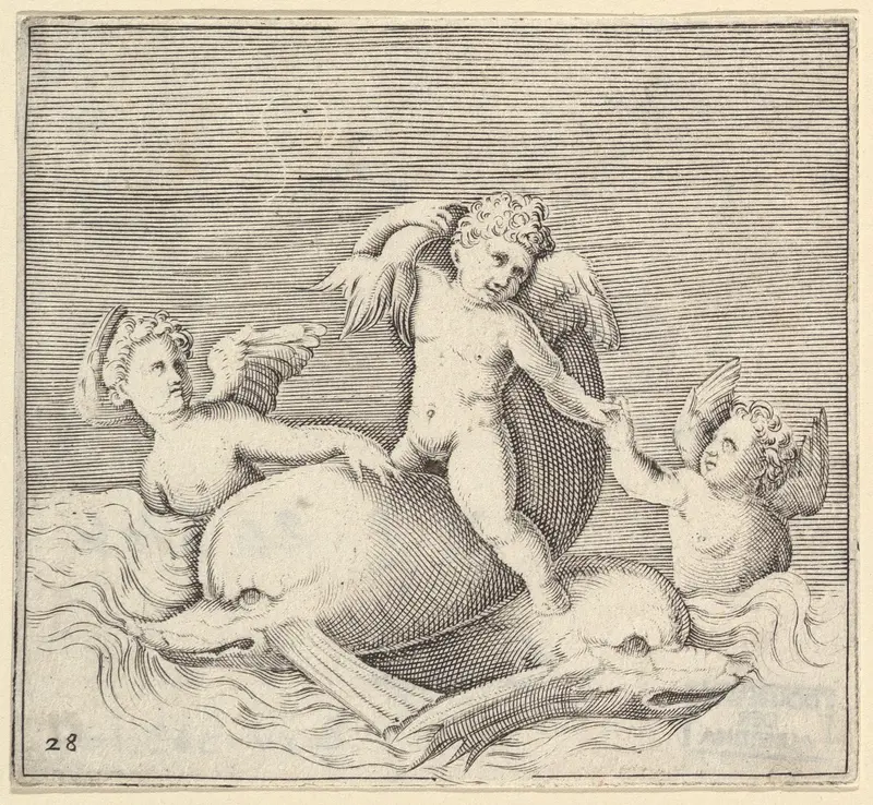 Three Cupids and Two Dolphins, from "Ex Antiquis Cameorum et Gemmae Delineata/ Liber Secundus/et ab Enea Vico Parmen Incis" Wall Art by Anonymous, Italian, 16th century - High-Resolution Digital Print