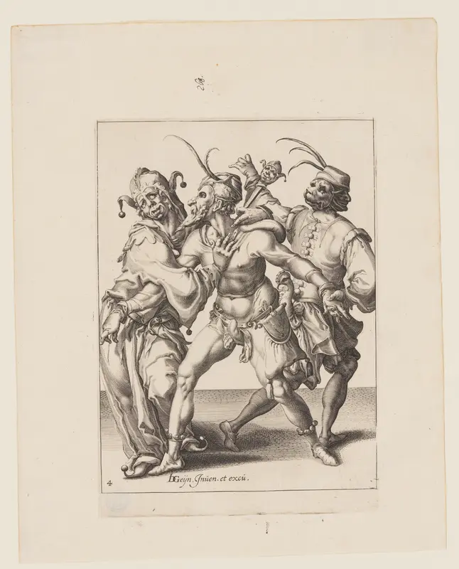 Three Dancing Mummers including a Jester, from The Masquerades Wall Art by Jacob de Gheyn, II - High-Resolution Digital Print