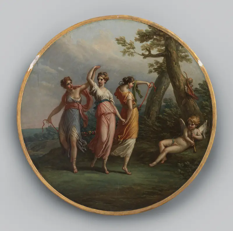 Three dancing nymphs and a reclining cupid in a landscape Wall Art by Antonio Zucchi - High-Resolution Digital Print