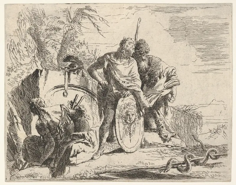 Three figures and a snake coiled around a staff, surrounded by a landscape, the central figure rests his left hand on a shield and leans toward a bearded figure holding a book, from "The Capricci" Wall Art by Giovanni Battista Tiepolo - High-Resolution Digital Print