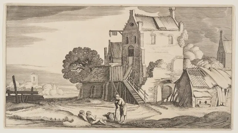 Three Figures in Conversation Near an Inn, from Landscapes (Playsante Lantschappen)