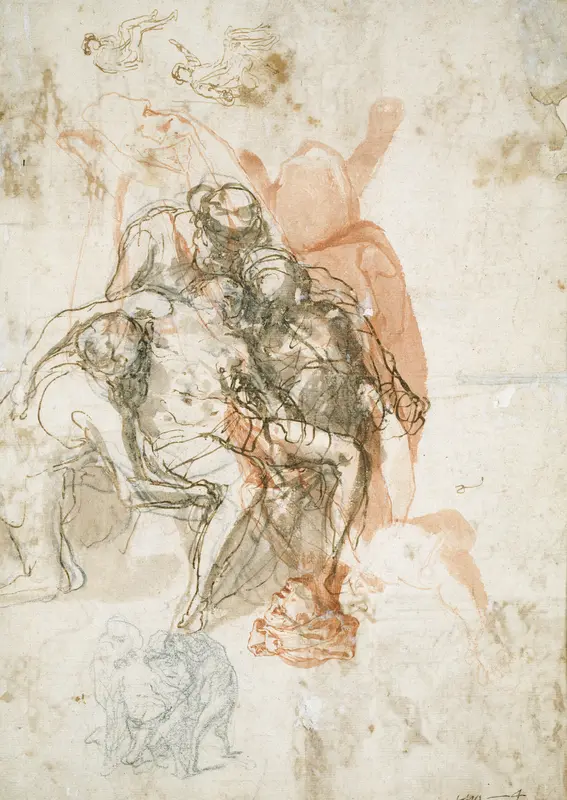 Three Figures Supporting a Man, Smaller Sketch of the Same, and Studies for the Blinding of Elymas Wall Art by Taddeo Zuccaro - High-Resolution Digital Print