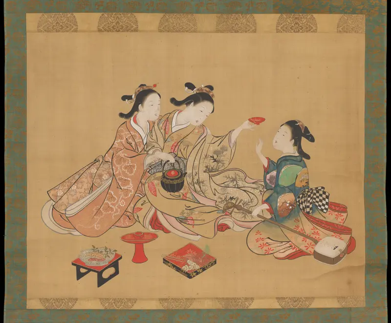 Three Girls Having Tea Wall Art by Nishikawa Sukenobu - High-Resolution Digital Print