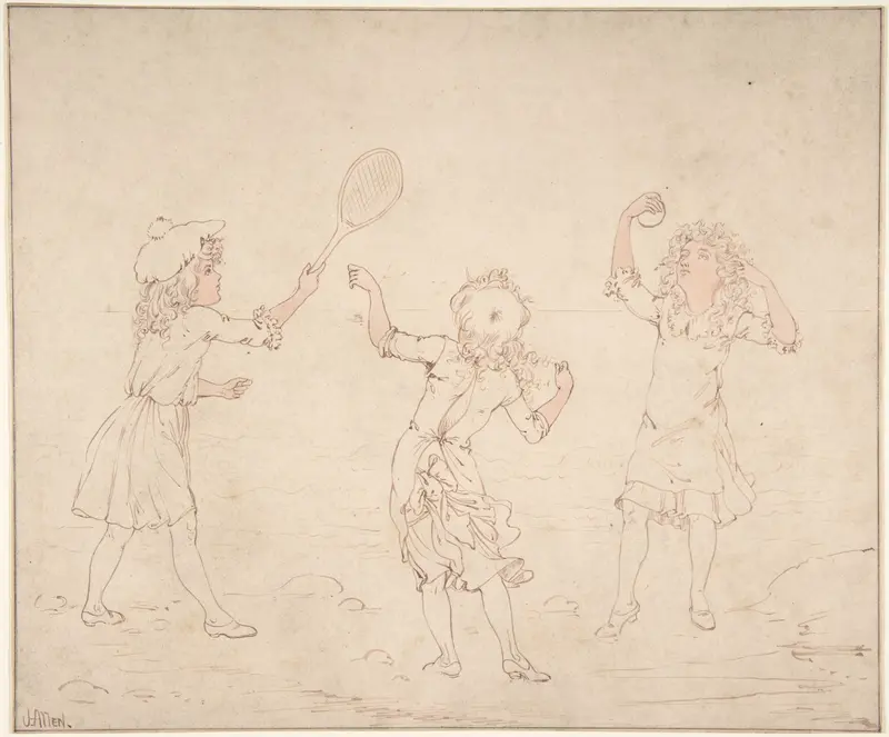 Three Girls Playing at Ball at the Seaside Wall Art by James W. Allen - High-Resolution Digital Print