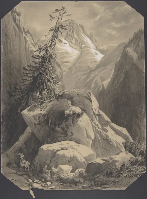 Three Goats in a Moutainous Landscape Wall Art by Alexandre Calame - High-Resolution Digital Print