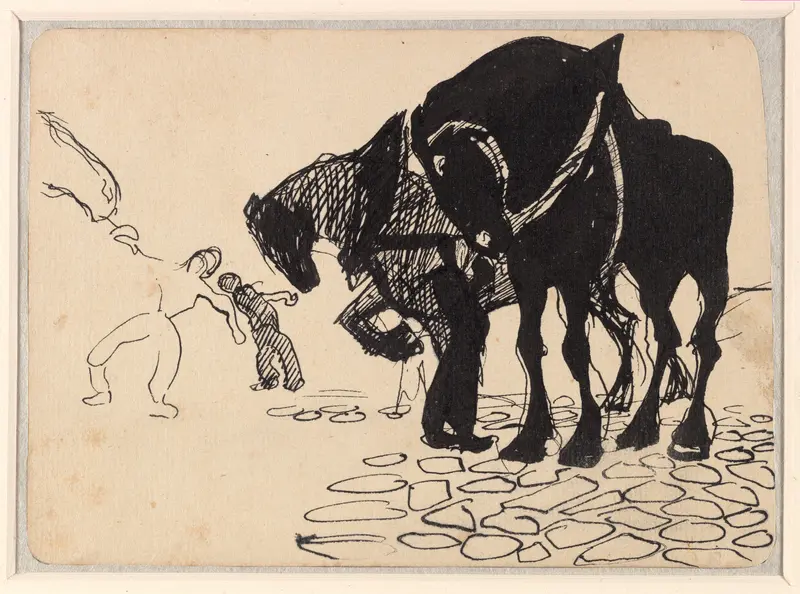 Three Horses Tended by Men; Stone Pavement (recto); Horses and Figures in a Landscape (verso) Wall Art by Umberto Boccioni - High-Resolution Digital Print