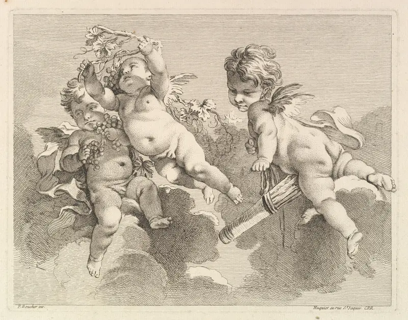 Three Loves, One holding a Quiver, the Other, Grapes Wall Art by Pierre Alexandre Aveline - High-Resolution Digital Print