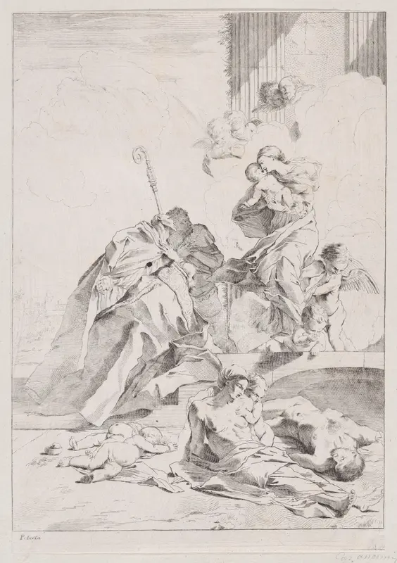 Three Lucchese saints Sts Nicholas Tolentino, Nicholas of Bari and Roch interceding with the Virgin on behalf of the victims of the plague Wall Art by Anonymous, 17th century - High-Resolution Digital Print