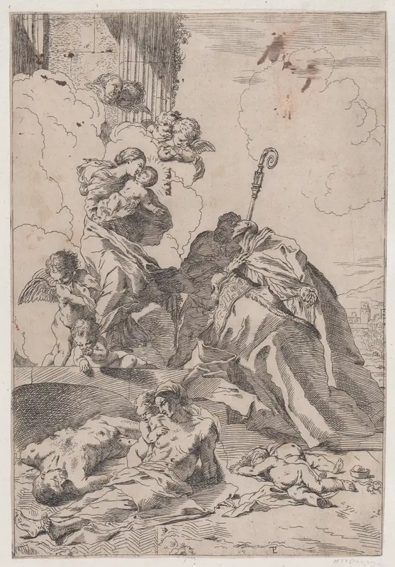 Three Lucchese saints Sts Nicholas Tolentino, Nicholas of Bari interceding with the Virgin for the victims of the plague Wall Art by Anonymous, 17th century - High-Resolution Digital Print
