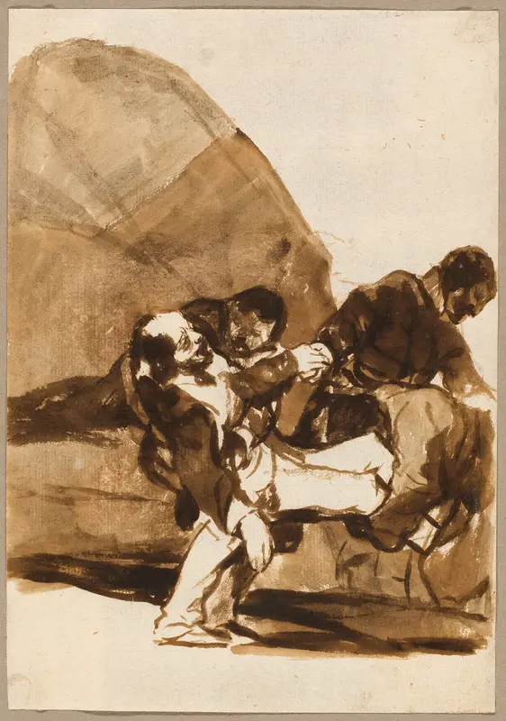 Three Men Carrying a Wounded Soldier, from the Images of Spain, Album F Wall Art by Francisco José de Goya y Lucientes - High-Resolution Digital Print