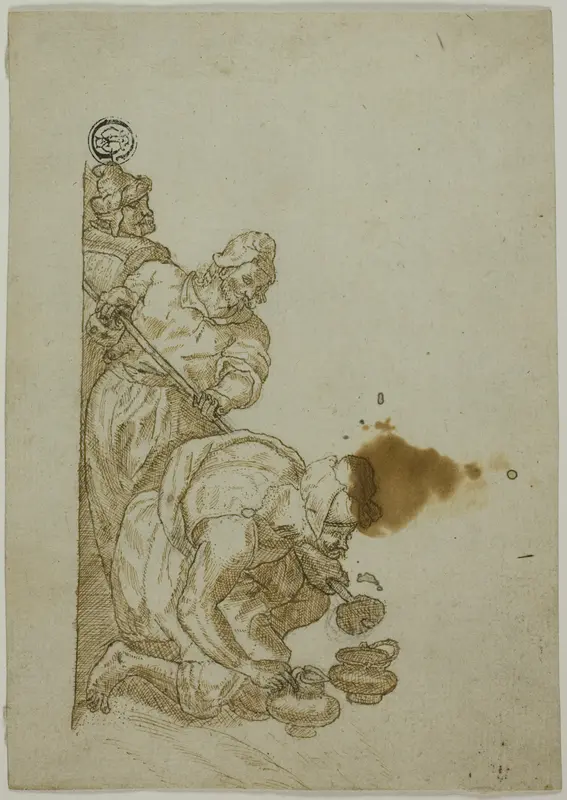 Three Men, One Bending Over Vessels Wall Art by Unknown - High-Resolution Digital Print