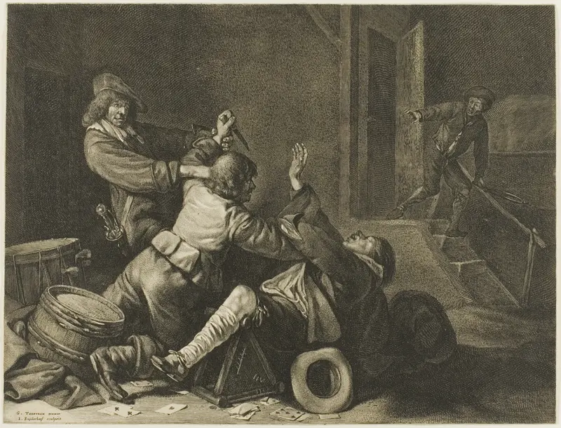 Three Men Struggling in an Interior