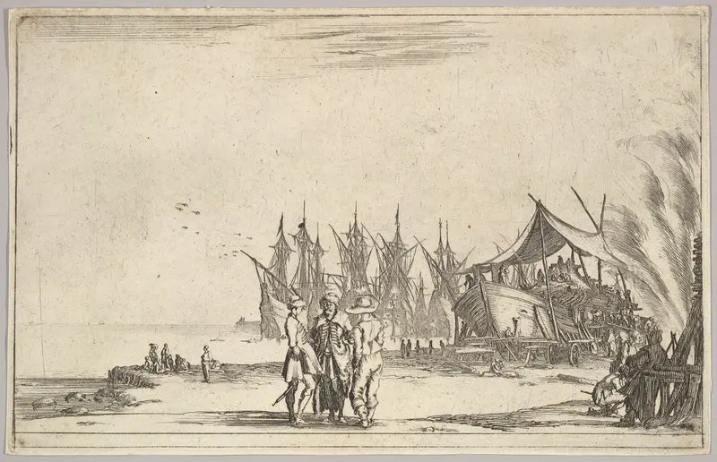 Three men wearing hats standing in center, men fixing a ship to right, five ships and various figures in center background, from "Set of eight nautical landscapes" (Suite de huit Marines) Wall Art by Stefano della Bella - High-Resolution Digital Print