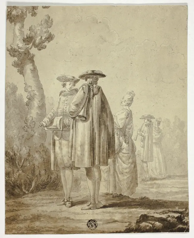 Three Musicians and Two Ladies in Outdoor Setting