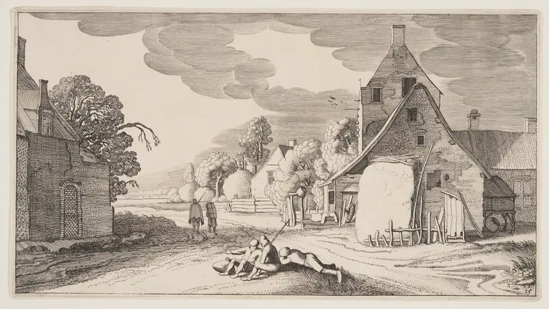 Three Peasants Resting at a Crossroad in a Village, from Landscapes (Playsante Lantschappen)