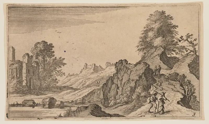 Three Pedestrians on a Wooden Bridge across a Stream, from Twelve Landscapes Wall Art by Gillis van Scheyndel - High-Resolution Digital Print