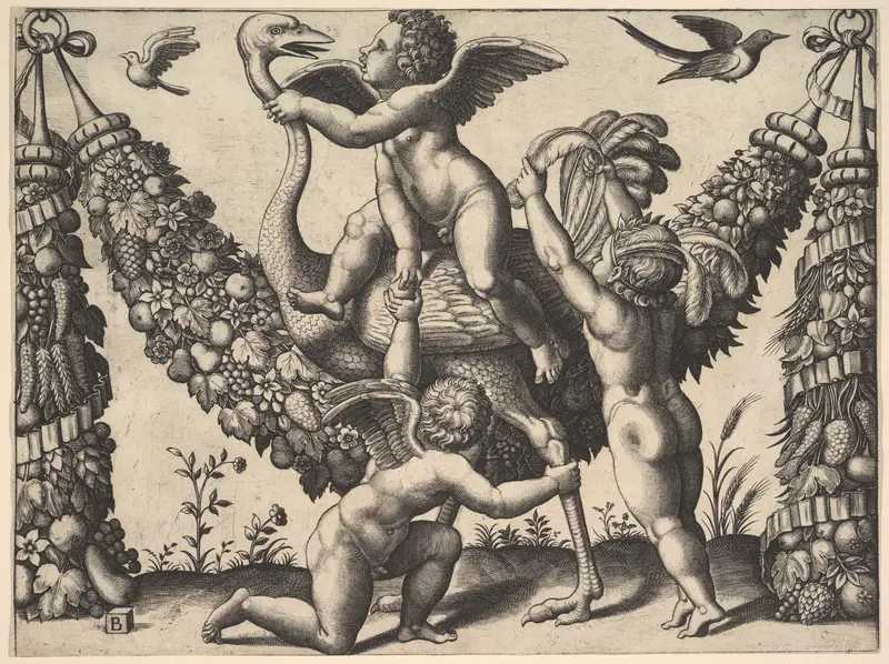 Three putti before a large garland, the one in the middle rides an ostrich, from a series of tapestries made for Leo X Wall Art by Master of the Die - High-Resolution Digital Print