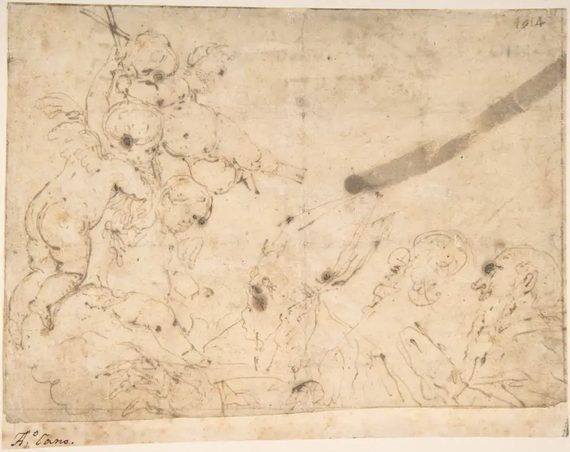 Three Putti Holding Cross Before Two Male Saints Wall Art by Alonso Cano - High-Resolution Digital Print