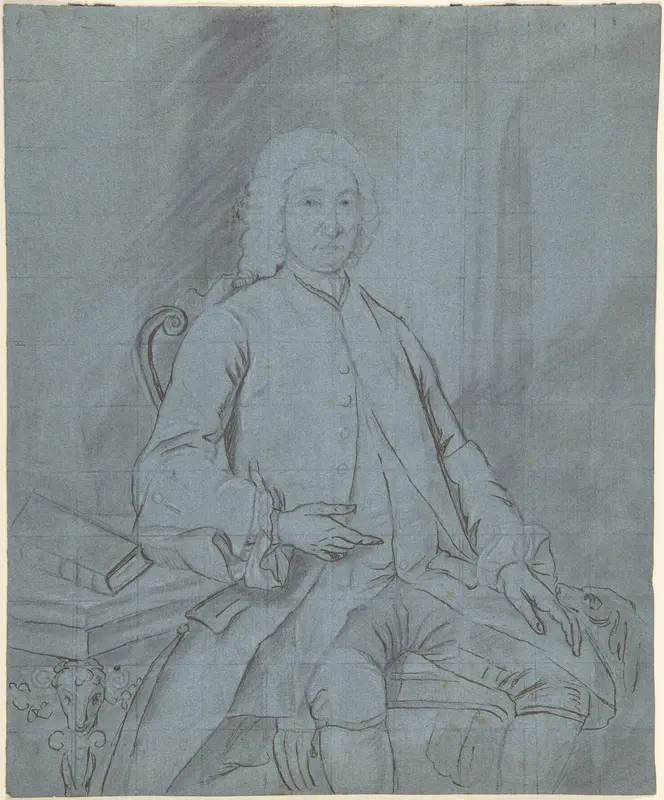 Three-quarter length portrait study of a man seated at a desk with a dog Wall Art by Joseph van Aken - High-Resolution Digital Print