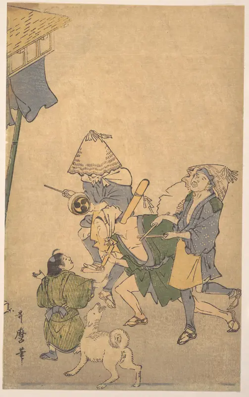 Three Revelers of the Lower Classes, Wearing Komuso Hats, with Small Boy and Dog