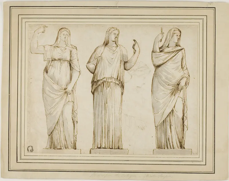 Three Roman Statues of Draped Female Figures and Sketch of Another Statue in Profile to Right