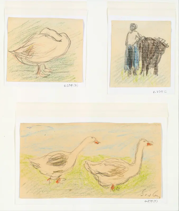 Three Sketches-Two Geese Walking; Peasant Woman with a Cow; Goose Hiding its Head Wall Art by Alfred Sisley - High-Resolution Digital Print