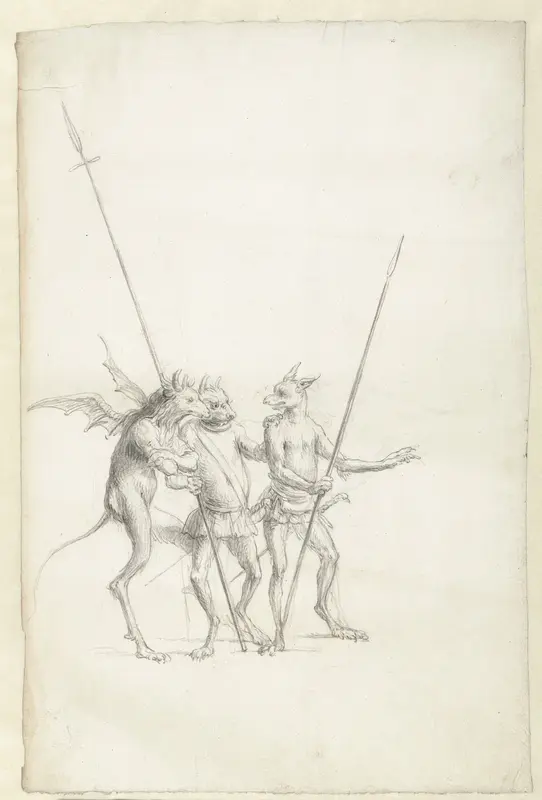 Three Standing Demonic Creatures, Two with a Spear Wall Art by Unknown - High-Resolution Digital Print
