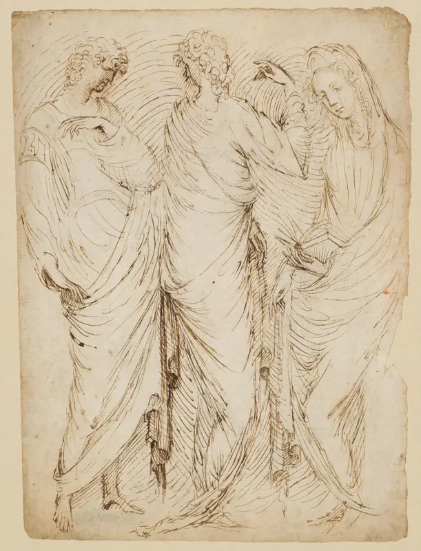Three Standing Figures (recto); Seated Woman and a Male Hermit in Half-length (verso) Wall Art by Stefano da Verona (Stefano di Giovanni d'Arbosio di Francia) - High-Resolution Digital Print