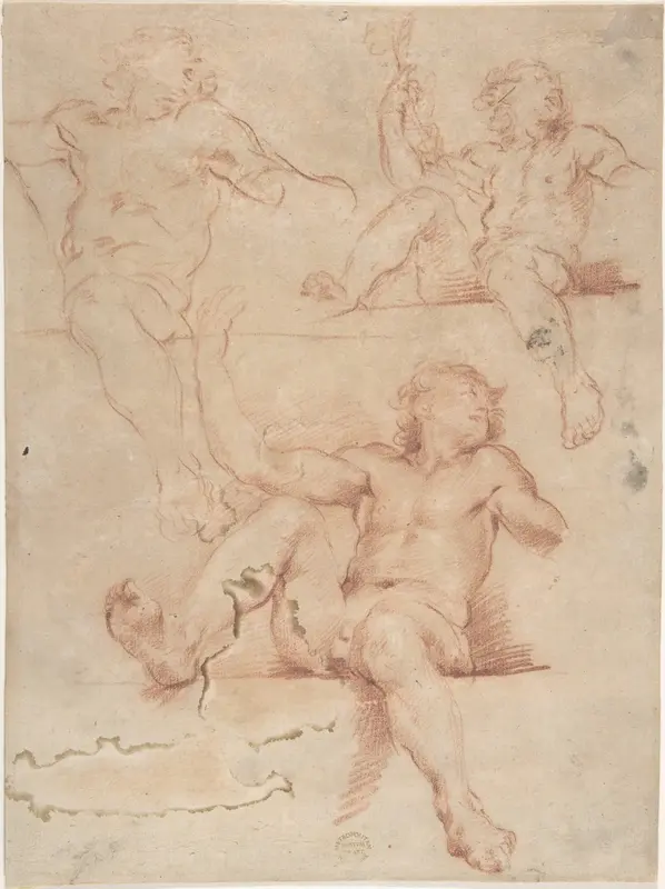 Three Studies of Seated Nude Male with Raised Arm, Seen from Below Wall Art by Anonymous, Italian, Bolognese, 17th century - High-Resolution Digital Print
