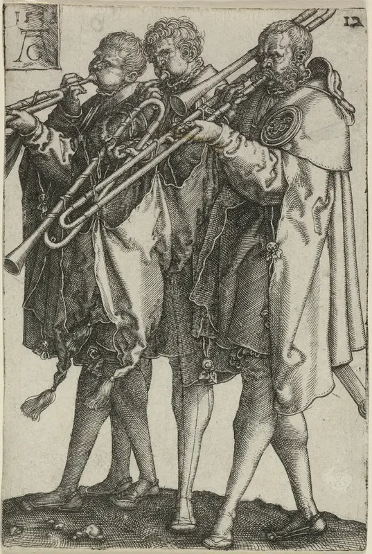 Three Trombonists, plate twelve from The Large Wedding-Dancers Wall Art by Heinrich Aldegrever - High-Resolution Digital Print