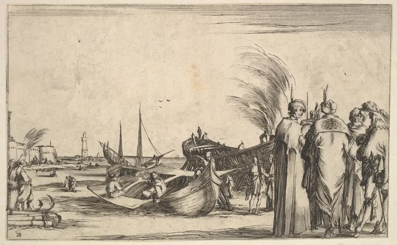 Three Turks and an Italian gentleman standing to right, men work on small boats in center, a fortress to left in the background, from "Set of eight nautical landscapes" (Suite de huit Marines) Wall Art by Stefano della Bella - High-Resolution Digital Print