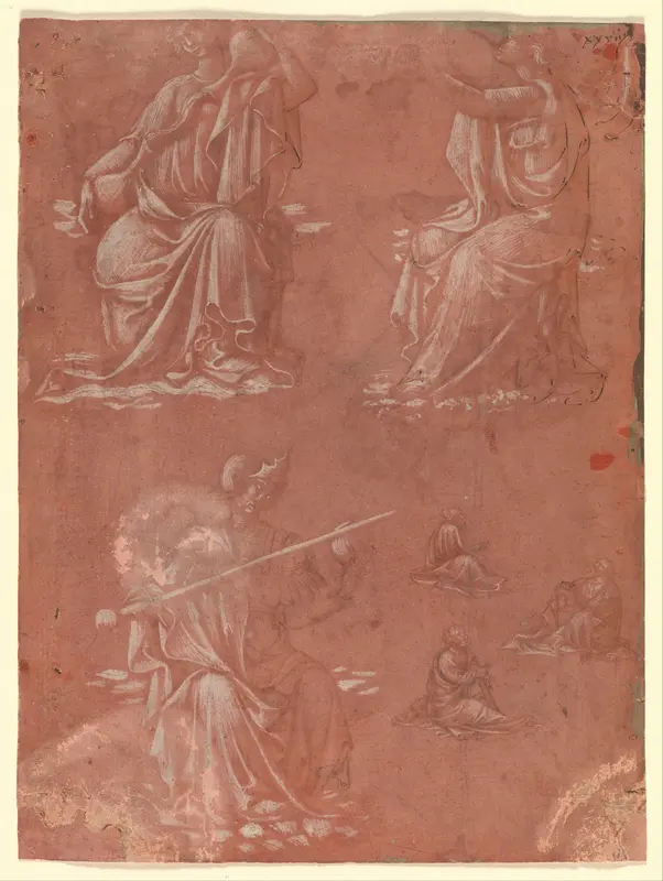 Three Virtues (Temperance, Hope, and Fortitude or Justice) and Studies of a Seated Man Wall Art by Lorenzo Monaco (Piero di Giovanni) - High-Resolution Digital Print