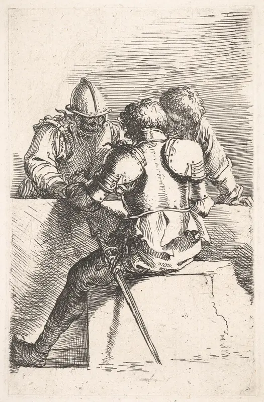Three warriors conversing at a low wall, one with his back turned, from "Figurine" Wall Art by Salvator Rosa - High-Resolution Digital Print