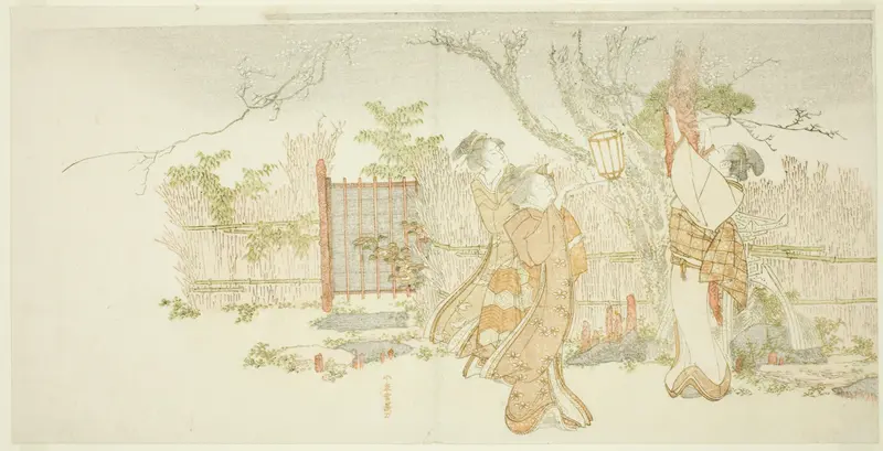Three women beneath a plum tree at night