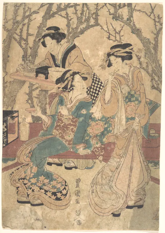 Three Women Dining Before a Group of Trees Wall Art by Utagawa Toyokuni I - High-Resolution Digital Print