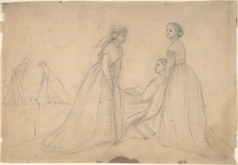 Three women in conversation beside a croquet field (recto); Studies of a ballet dancer, a woman's profile, and a seated woman (verso) Wall Art by Louisa Starr Canziani - High-Resolution Digital Print