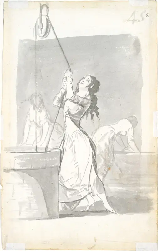 Three women, one in the foreground drawing water from a well, two in the background washing; folio 45 (recto) from the Madrid Album "B"