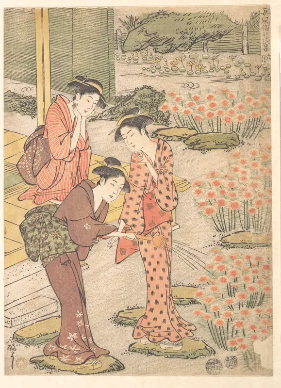 Three Young Women in a Garden where Nadeshiko Pinks are Growing