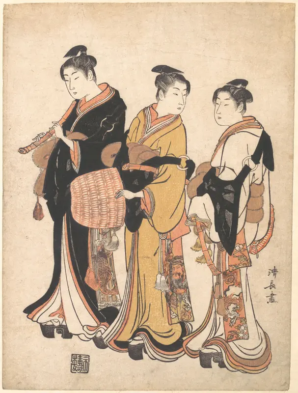Three Young Women Masquerading as Komuso (Strolling Minstrel) Wall Art by Torii Kiyonaga - High-Resolution Digital Print