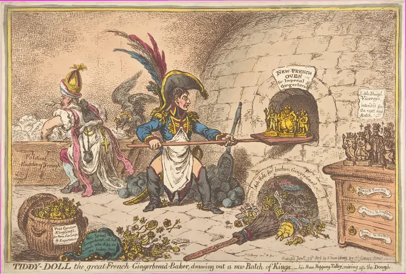 Tiddy-Doll, the Great French-Gingerbread-Baker; Drawing Out a New Batch of Kings, His Man Hopping Talley, Mixing Up the Dough Wall Art by James Gillray - High-Resolution Digital Print