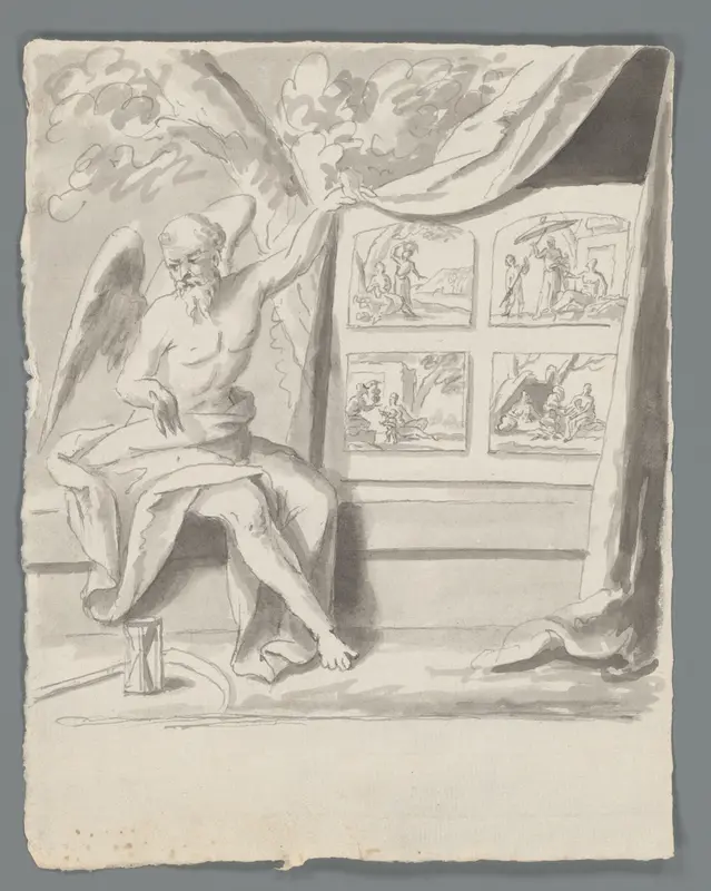 Tijd laat vier schilderijen zien achter een gordijn Wall Art by Matthijs Balen (1684-1766) - High-Resolution Digital Print