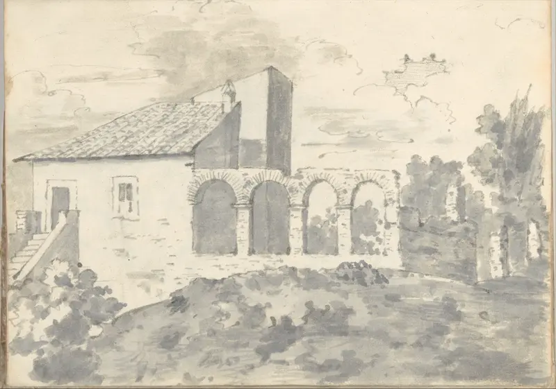 Tile-roofed building with an arcade, part of the walls at Rome (Smaller Italian sketchbook, leaf 31 recto) Wall Art by Joseph Wright (Wright of Derby) - High-Resolution Digital Print