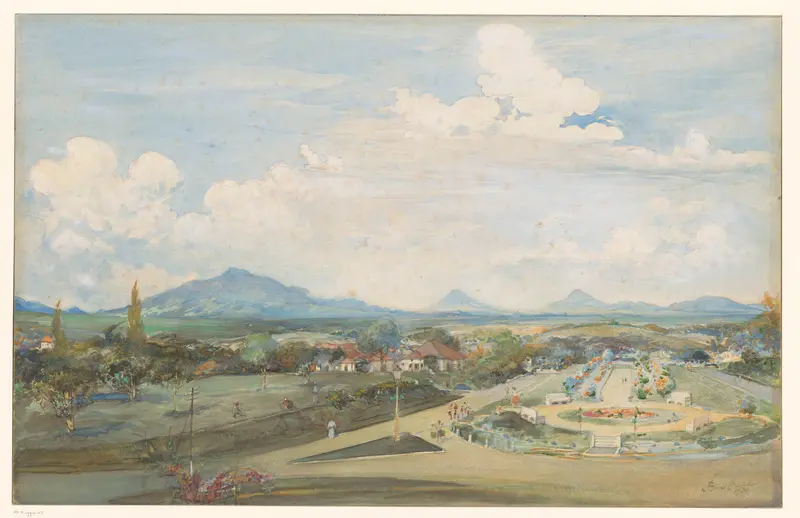 Tillemaplein te Semarang met op de achtergrond de vulkanen Sindoro en Soembing Wall Art by Unknown - High-Resolution Digital Print