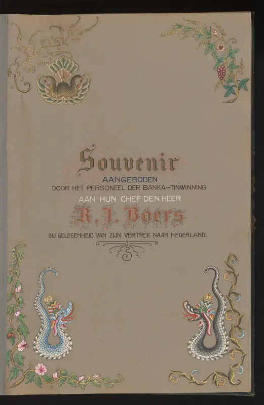 Titelblad van het fotoalbum aangeboden door het personeel van de Banka-tinwinning aan R.J. Boers bij zijn vertrek naar Nederland, 1919 Wall Art by anonymous - High-Resolution Digital Print