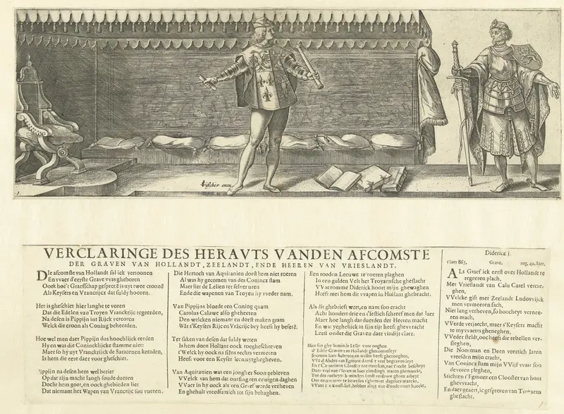 Titelblad voor prentserie De graven en gravinnen van Holland (met een heraut en graaf Dirk I) Wall Art by Hendrick Goltzius - High-Resolution Digital Print