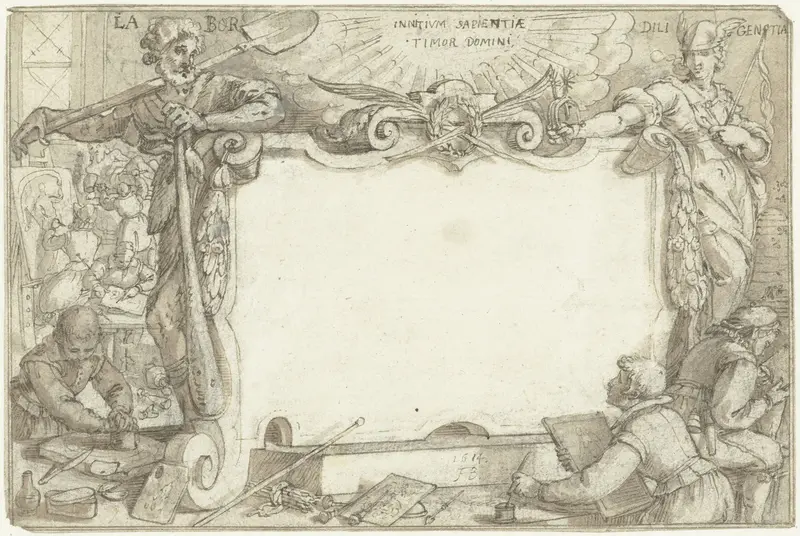 Titelpagina met Arbeid (Labor) en Vlijt (Diligentia) voor kunstenaarsatelier Wall Art by Augustin Braun - High-Resolution Digital Print